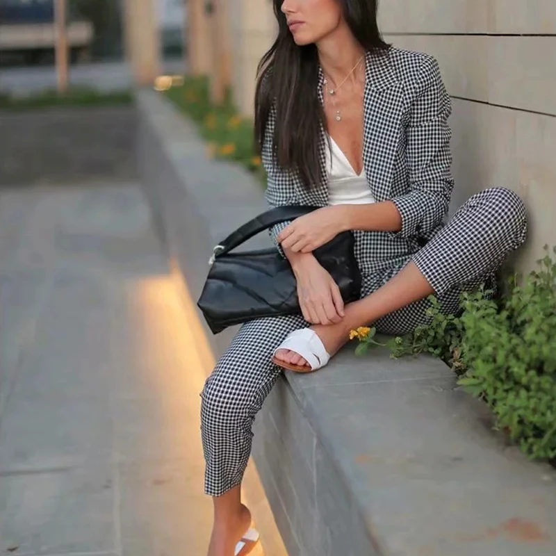 Комплект из двух предметов женские клетчатые костюмы осень 2019 элегантный