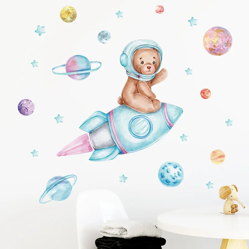 

Rocket Bear Universe Good Night Wall Stickers For Kids Rooms Baby Boys Girls Room Bedroom Decoration Nursery Wallpaper