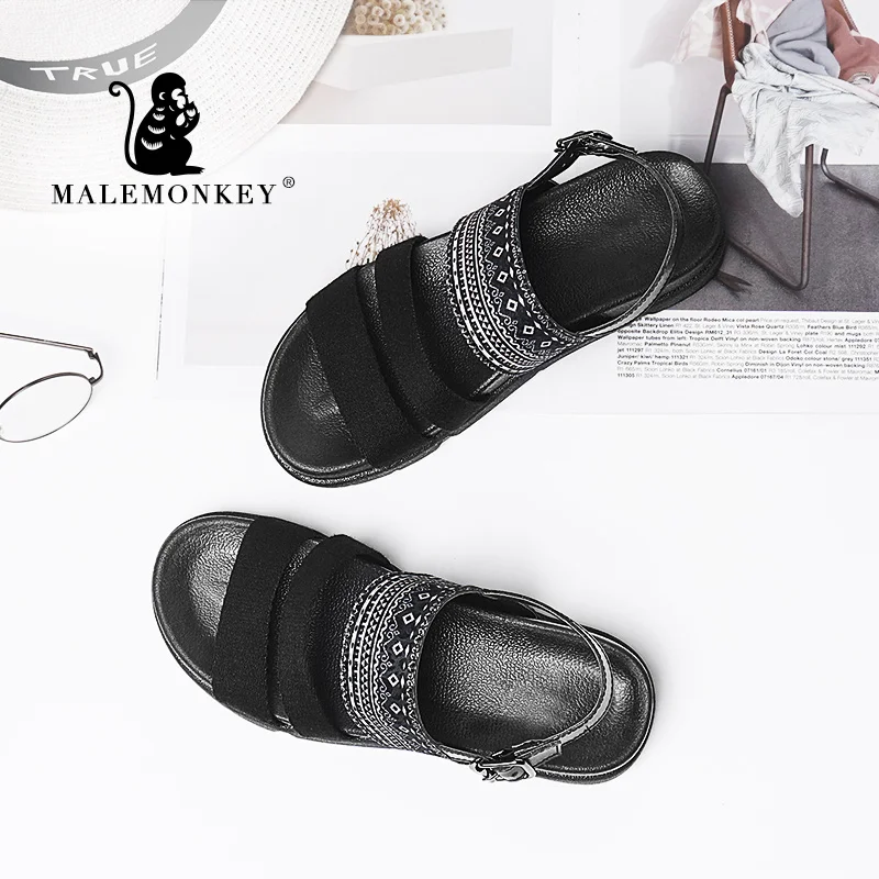 Женские пляжные сандалии MALEMONKEY черные повседневные на плоской платформе с