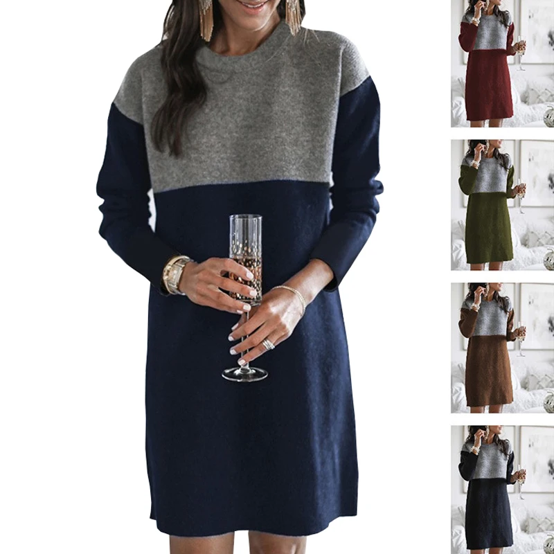 

Women Ladies Long Sleeve Dress Autumn Winter Color Stitching Oversize Loose Warm One Piece Suit Middle Skirt Pullover Clothes