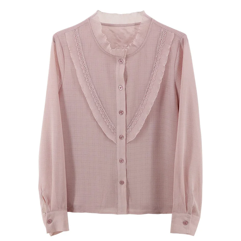 

Chiffon Blouse Women Fashion Ruffle Korean Elegant Stand Collar Long Sleeve Plus Size Office Ladies Shirts Tops And Blouses