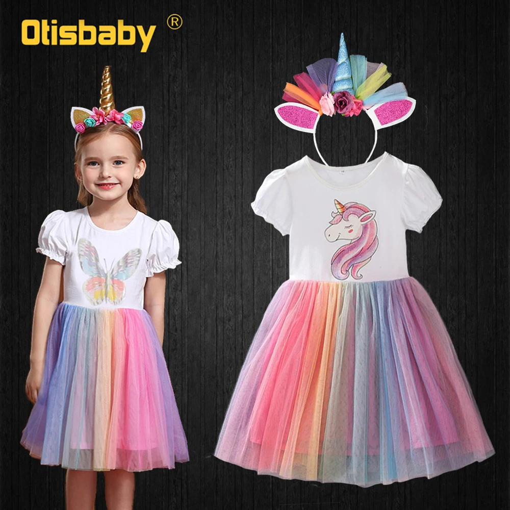 

Summer Birthday Unicorn Party Girls Rainbow Tutu Dress Christmas Infant Girl Butterfly Print Princess Dress Unicorn Frocks Kids