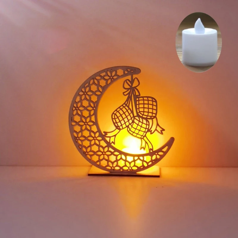 

Wooden Ramadan Eid Mubarak Moon Star Islam Hanging Pendant Plate With LED Candle 23GB