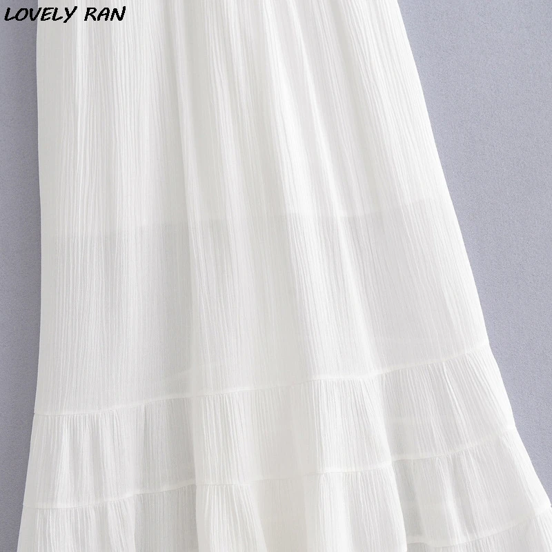 

Lace Spaghetti Strap Women's Midi-length Dress V-neck Backless Female A-line Dresses 2021 Summer Elegant Sweet Sweet Ladies Robe