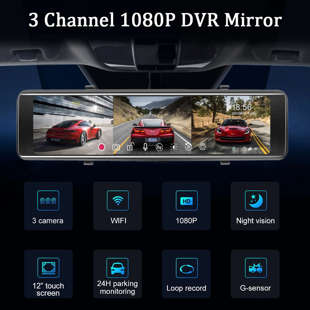 Трехканальный 1080P FHD Автомобильный видеорегистратор 12-дюймовый сенсорный экран