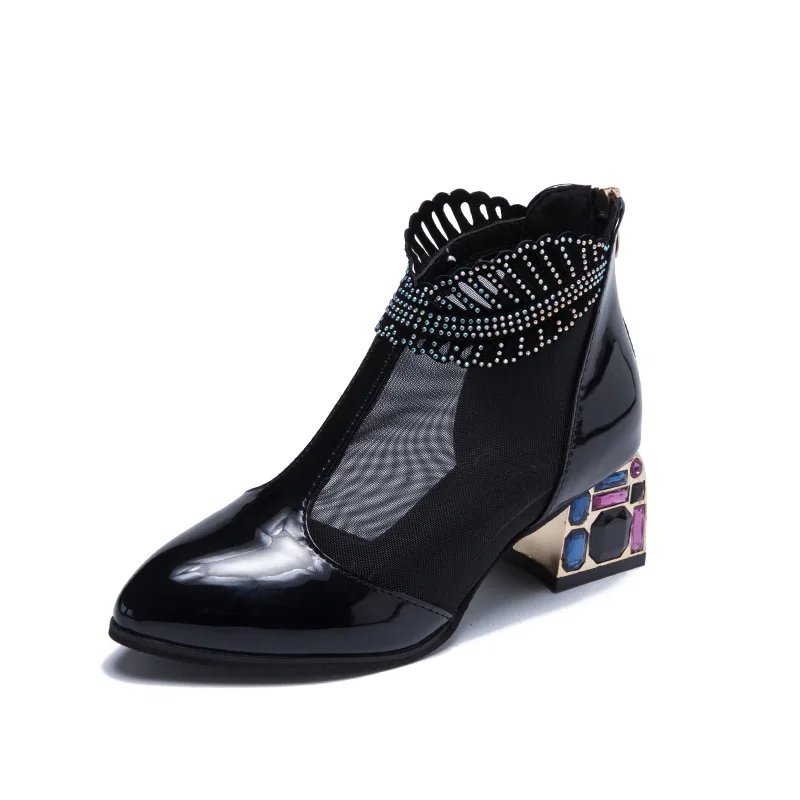 

Casual sandals Thick-heeled Patent Leather Mesh Boots Female Hollow Large Size Mesh Yarn with Rhinestone Sandals Baotou Sandals