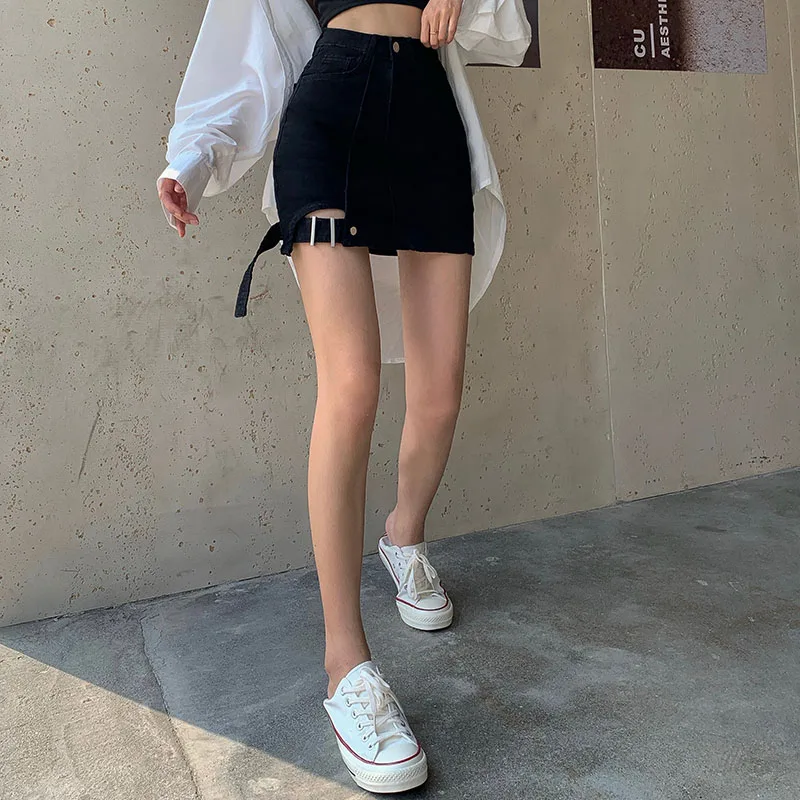 

Women's High Waist Denim Party Skirt 2021 Hollow Button Zipper Mini A-Line Skirt Ladies Sexy Clothing Female Night Clubwear