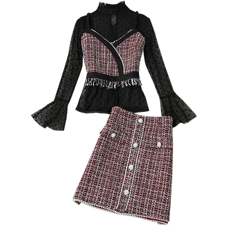 

Seifrmann Women Summer Fashion Runway2 PiecesSet Flare Sleeve Beading Loose Tops + High Waist A-Line Skirts Two PiecesSuits