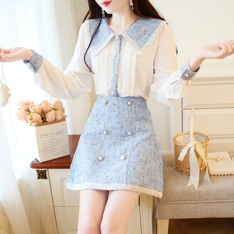

Fashion Runway skirt Suit Set Autumn Women Long Sleeve Vintage Shirt Top + A-line Mini Skirt 2 Pieces Set
