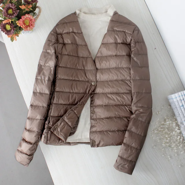 Khaki Schinteon ультра тонкий пуховик 90% белый утиный пух тонкий пальто тонкий внутренний Нижняя короткая одежда Осень Новая мода - Цвет: Khaki