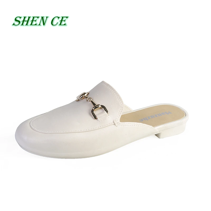

SHEN CE European and American 2020 New Closed-Toe Slippers Women's Metal Buckle Flat Fashion Pedal Lazy Casual Half Slippers