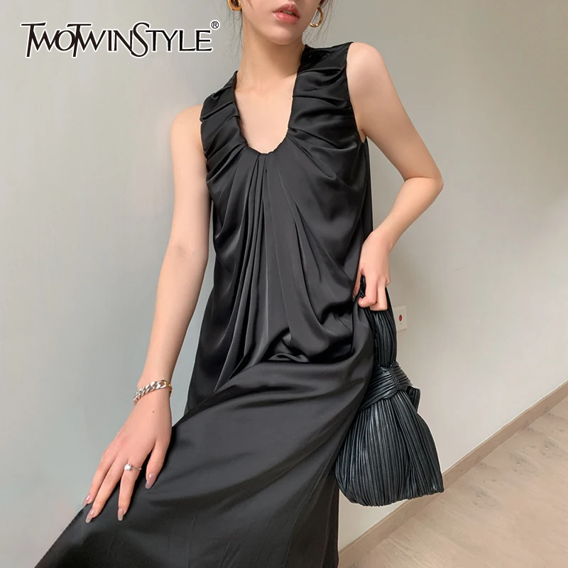 

TWOTWINSTYLE Vintage Ruched Dress For Women V Neck Sleeveless High Waist Straight A Line Mini Dresses Female Summer 2021 Stylish