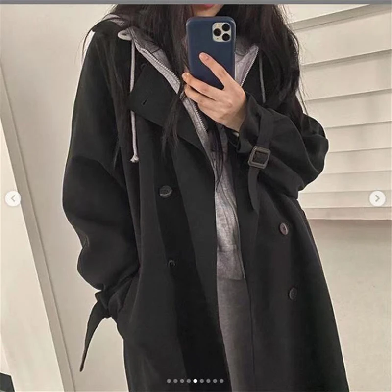 

Woman Windbreaker Coat Black Retro British Style Spring Medium Long Korean Preppy Style 2021 Fashion Loose Women Oversize Coat