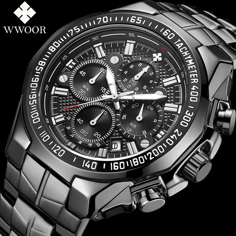 

WWOOR Топ бренд Мужские часы роскошный спортивный хронограф кварцевые часы для мужчин светящиеся наручные часы водонепроницаемые Relogio Masculino