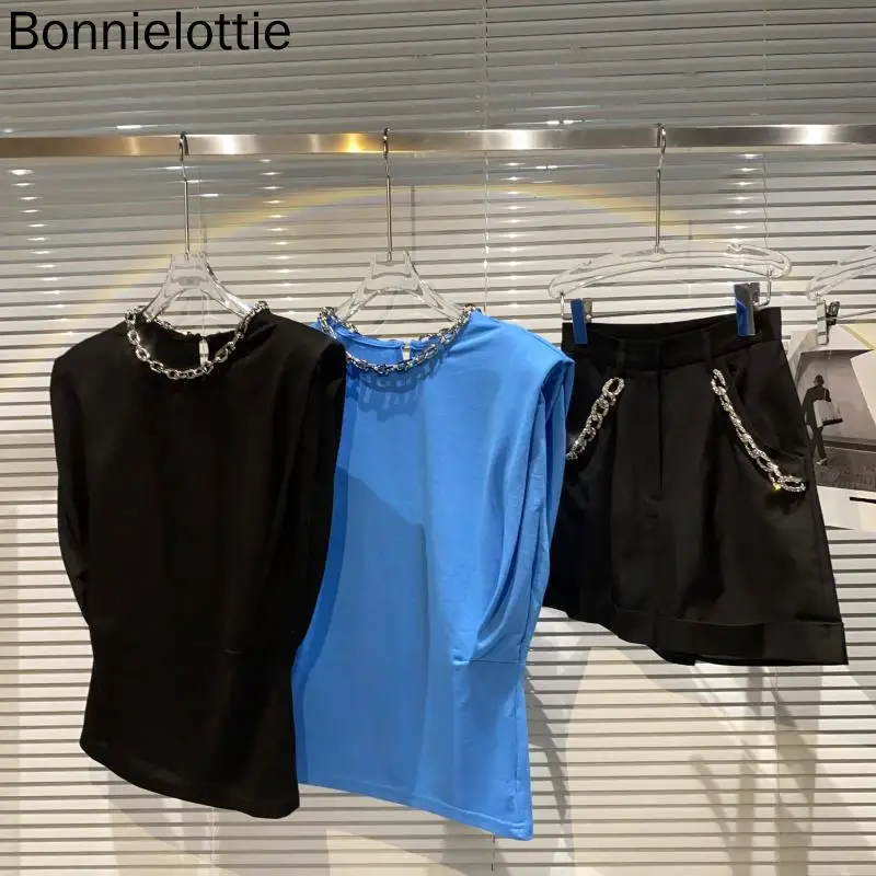 

2021 Summer Women T Shirt Sleeveless Metal Chain Designer Style Short Sleeve T-shirt Female Top High Quality