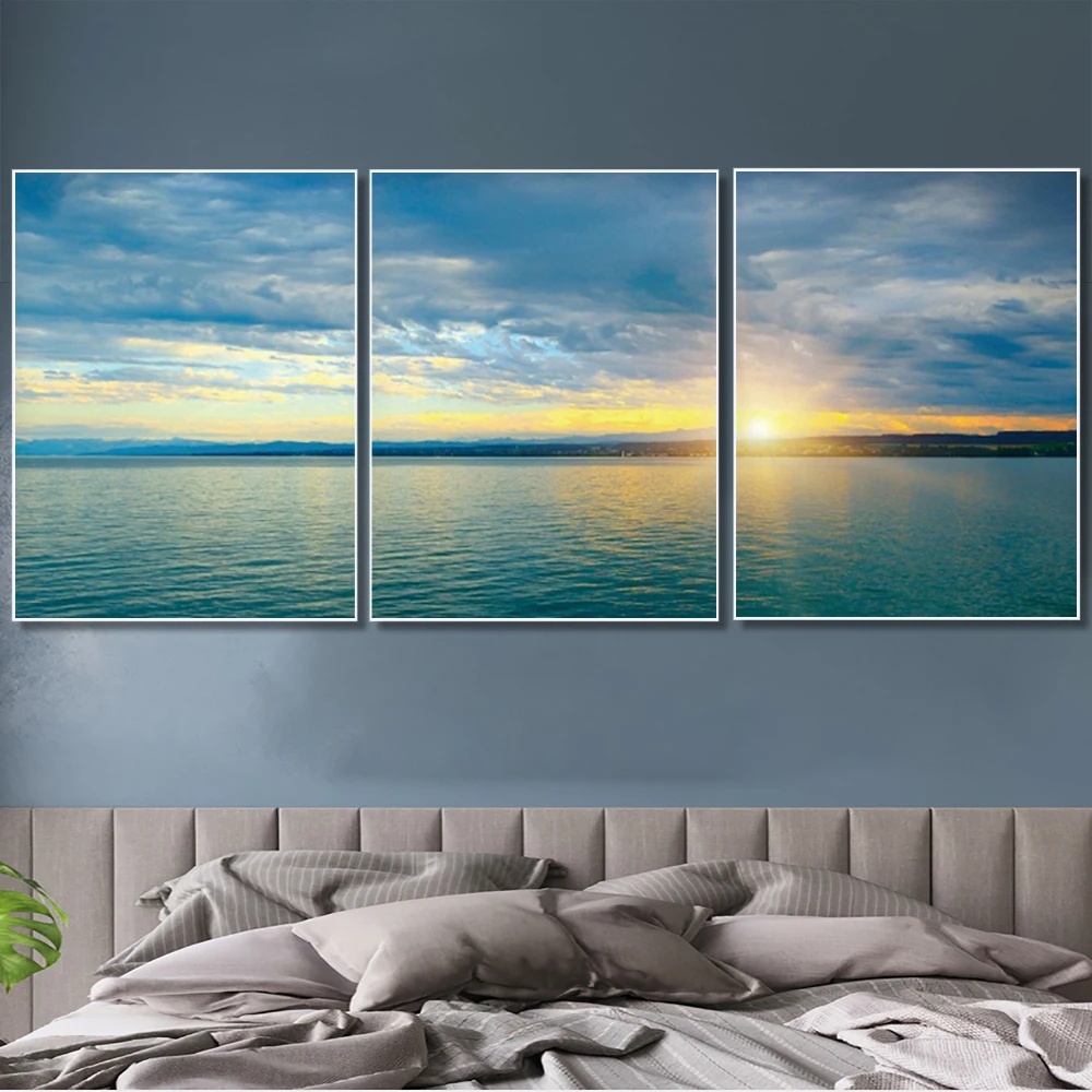 Laeacco холщовая живопись каллиграфия 3 панели картина с изображением заката и