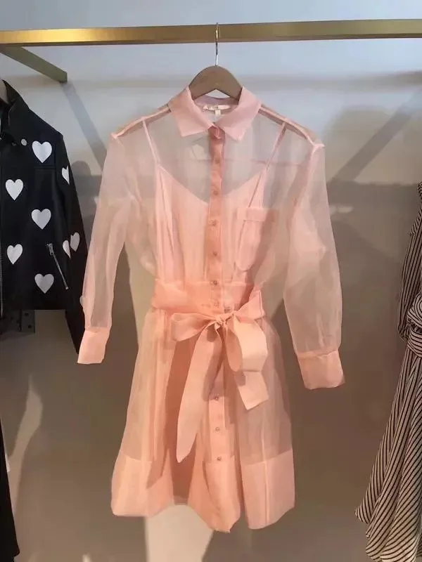 Pink Милое розовое платье-рубашка с отложным воротником и поясом с длинными рукавами, шикарное женское платье - Цвет: Pink