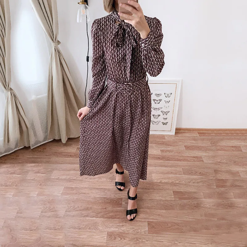 Новинка весна-лето 2020 шифоновое платье с принтом и галстуком-бабочкой длинными