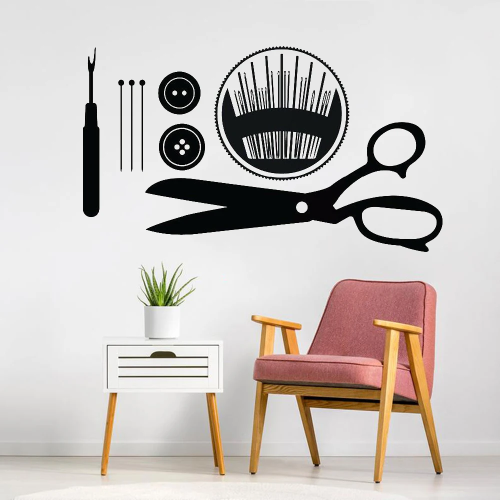 

Швейные наклейки на стену магазина snap кнопки Швейные инструмент декор для стены магазина художественные виниловые наклейки на стены украшения дома Гостиная Спальня Y659