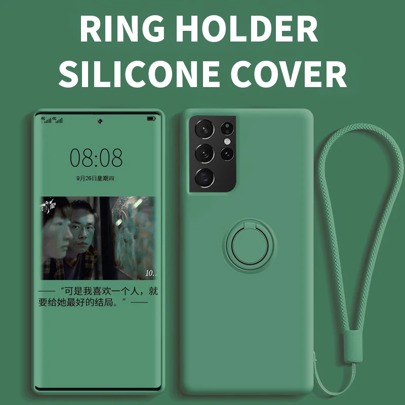 

Luxury Magnetic Ring Holder Liquid Silicone Case For Samsung Galaxy S21 Ultra Plus Note 20 Soft Shockproof Cover With Lanyard