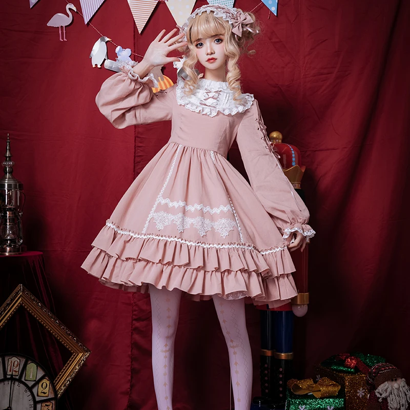 Винтажное платье сладкой Лолиты кружевное с бантом высоким воротником и