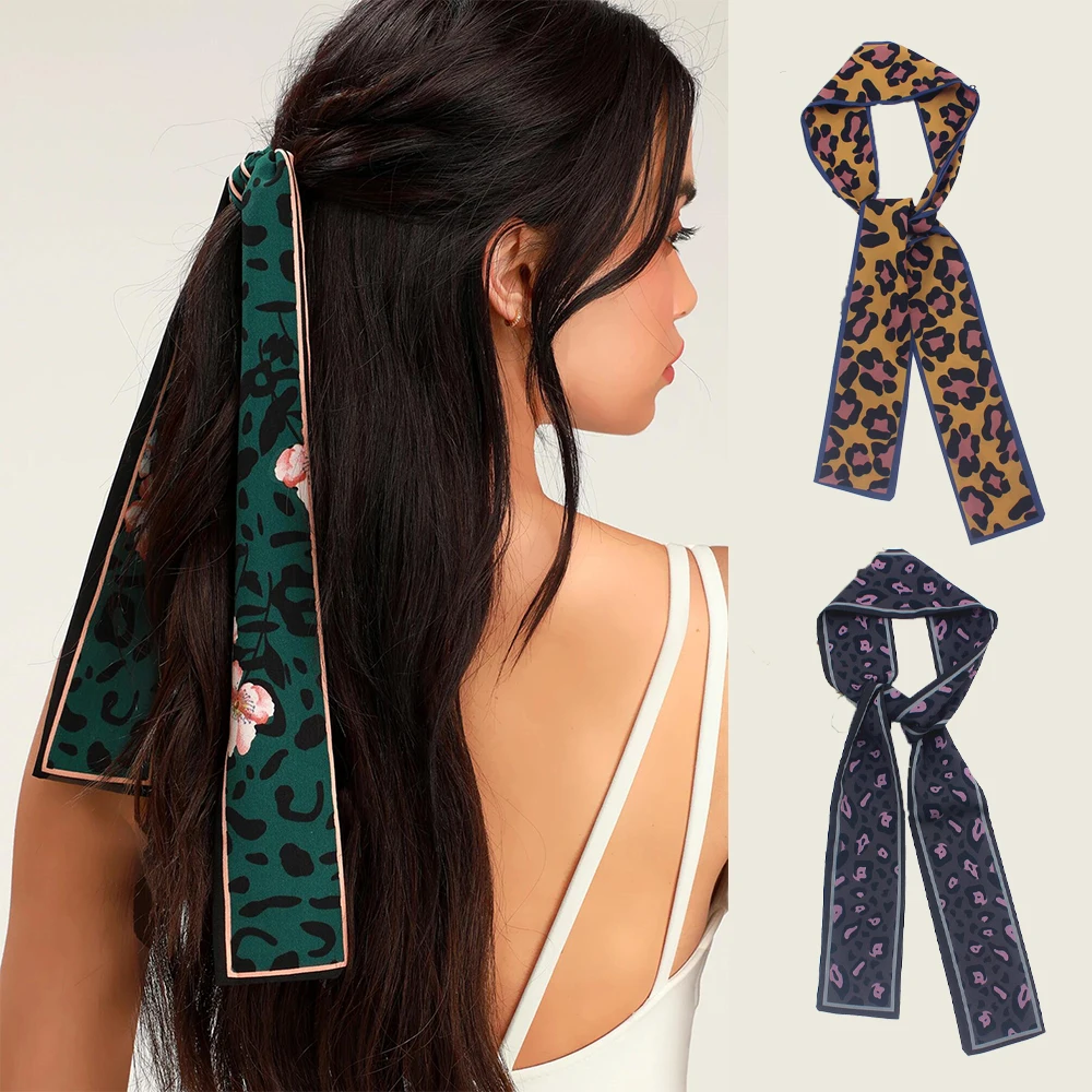 

New Leopard Print Hair Ribbon Streamer Scarf Women Scarf Fashion Luxury Bag Wrist Band Head Scarf Headwear Long Scarve Accessory