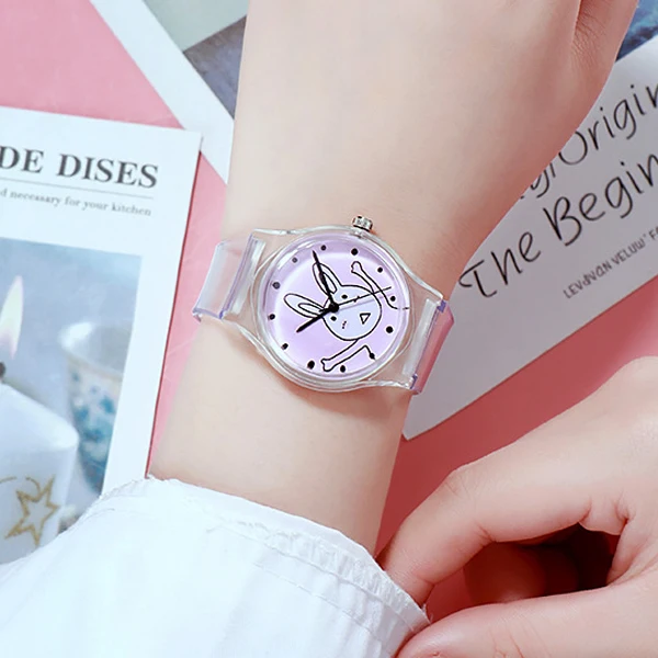 Женские кварцевые часы с мультяшным животным прозрачный циферблат модные