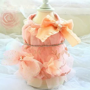 Бесплатная доставка, уникальная одежда ручной работы для собак, платье для домашних животных, жилет с вышивкой, марлевый бант, стиль феи, кошка, одежда для Йорка, пуделя, мальтеза