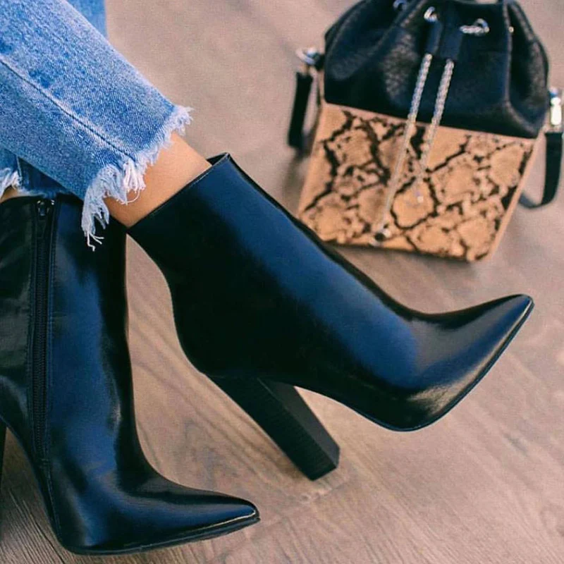 2019 г. Зимние Роскошные женские ботильоны из мягкой кожи на высоком блочном