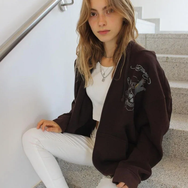 

Autumn Vintage Brown Oversized Hoodies Zip-up Long Sleeve Jacket Coat Top Harajuku Streetwear Women Sweatshirt Gothic Clothes