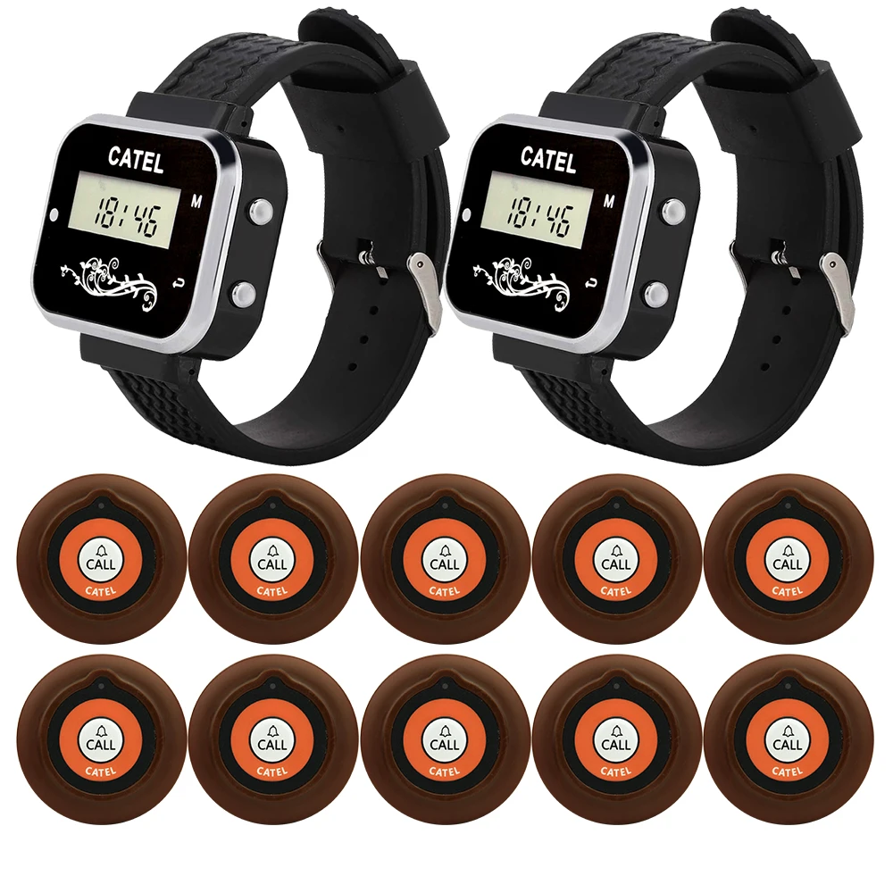 CATEL Wireless 10 Call Button Transmitter 2 Watch Receiver Pager 433.92mhz for Restaurant Cafe Office Calling System Buzzer