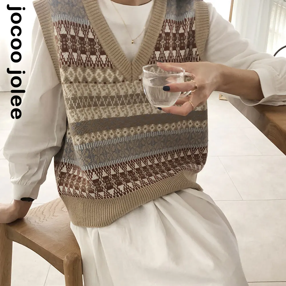 

Women Vest Sweater Fashion Knitted Loose Vintage Kintted Waistcoat Chic Oversized Top Stripe Geometry Casual V Neck Sleeveless