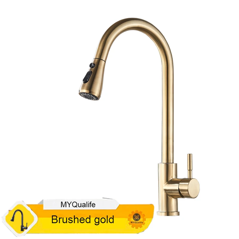 brushed gold Черный выдвижной кухонный кран для раковины на бортике струйный Распылитель кухонный смеситель кран для ванной кухни горячий холодный кран - Цвет: brushed gold