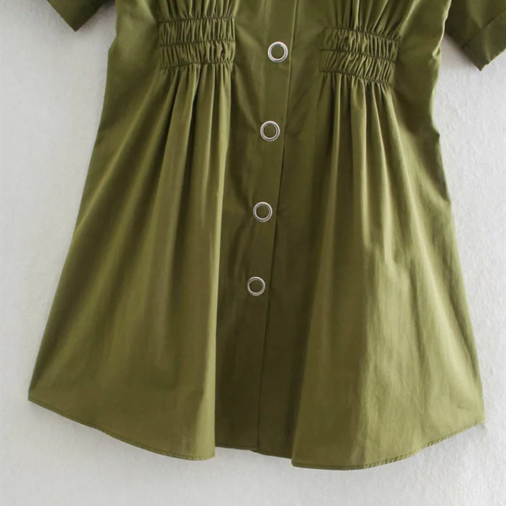 

New Arrival Summer Turn Down Collar Short Sleeves Button Front Cotton And Linen Mini Dress For Women