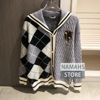 fashion knitted sweaters cardigan for women single breasted sailor v neck geometry jacquard design wool jumper sweater cardigans