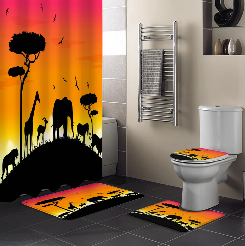 Птица слон жираф деревья закат занавеска для душа сиденье унитаза набор