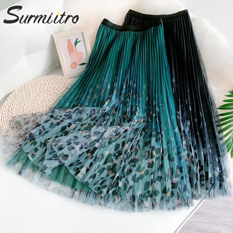 

SURMIITRO 2022 Spring Midi Long Pleated Tulle Skirt Women Korean Style Leopard Mesh Mid-Length High Waist A Line Skirt Female