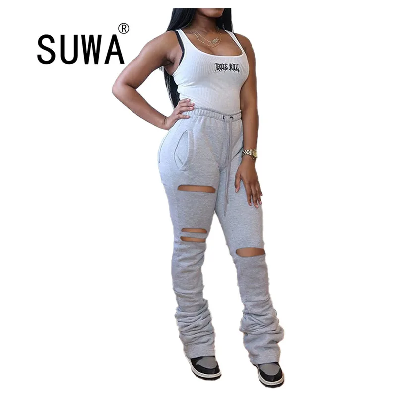 

High Waisted Hollow Hole Stacked Sweatpant for Women Black Drawstring Sporty Ruched Legging Active Wear Grey Bodycon Flare Pants