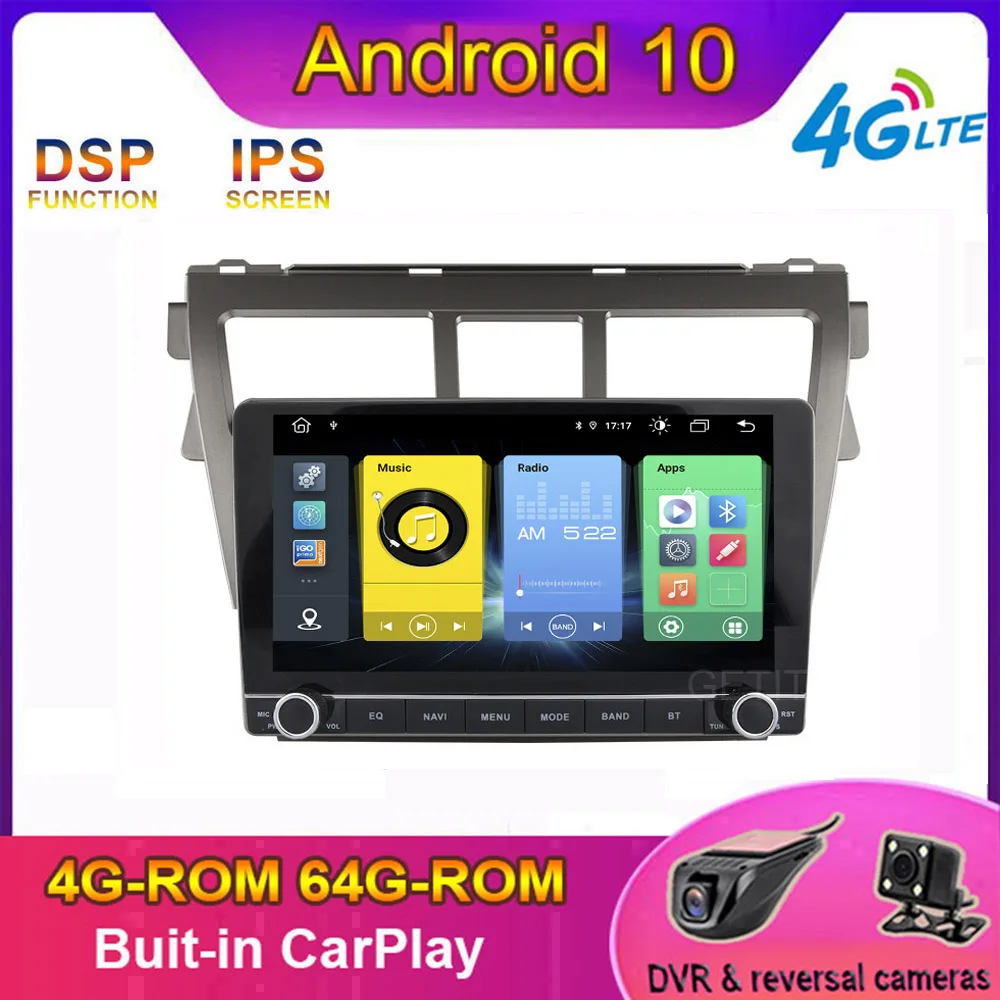 

CARPLAY Android 10,0 автомобильный радиоприемник, мультимедийный автомобильный GPS-навигатор для Toyota VIOS Yaris 2007-2012 без DVD