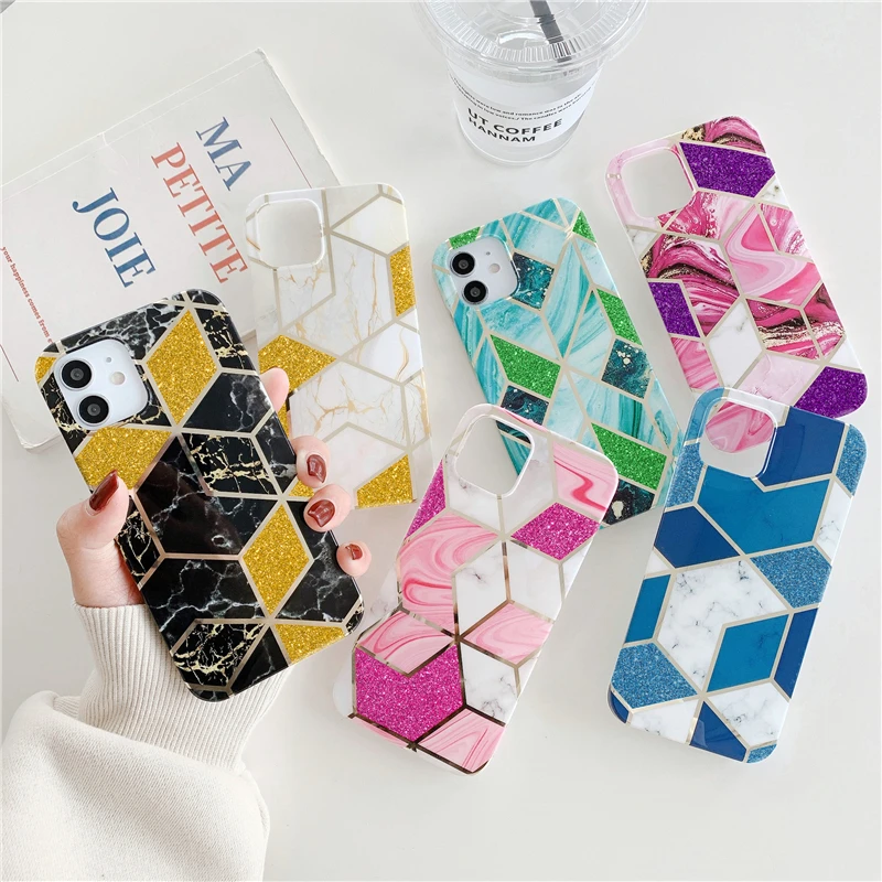 

Luxurious Black Green Pink Geometric Marble Phone Case For iPhone 13 12 11 Pro XS MAX XR 7 8 Plus SE20 Soft IMD Silica Gel Cover