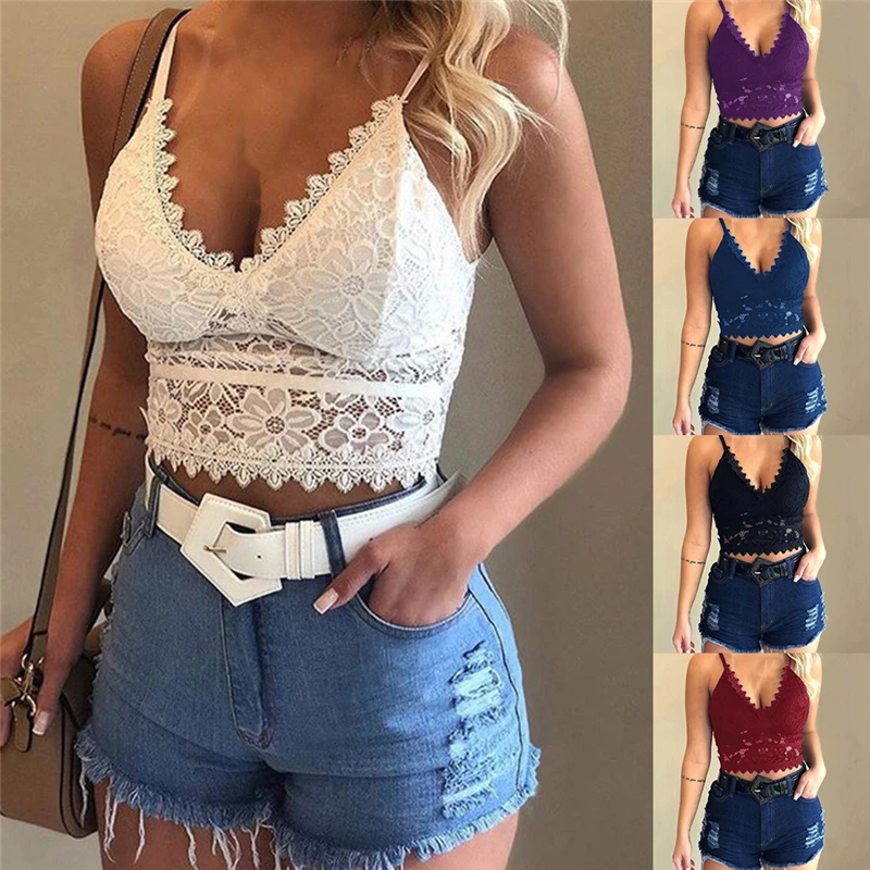

Ladies Sexy Lace Deeep V-neck Vest Casual Solid Color Tank Tops Women Fashion Lace Patchwork Camis For Female