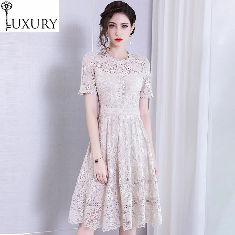 

Summer High Quality 2020 Style Women Allover Lace Flower Patterns Short Sleeve Mid-Calf Large Swing Party Femme Dress