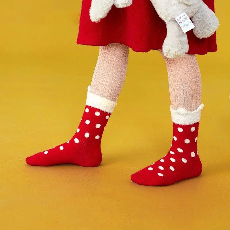 

3Pairs/lot Red Christmas Baby Socks Dot Ruffle Toddler Sock Bow New Year Kids Socks Infant Girl Boy Socks Cute Children Gift