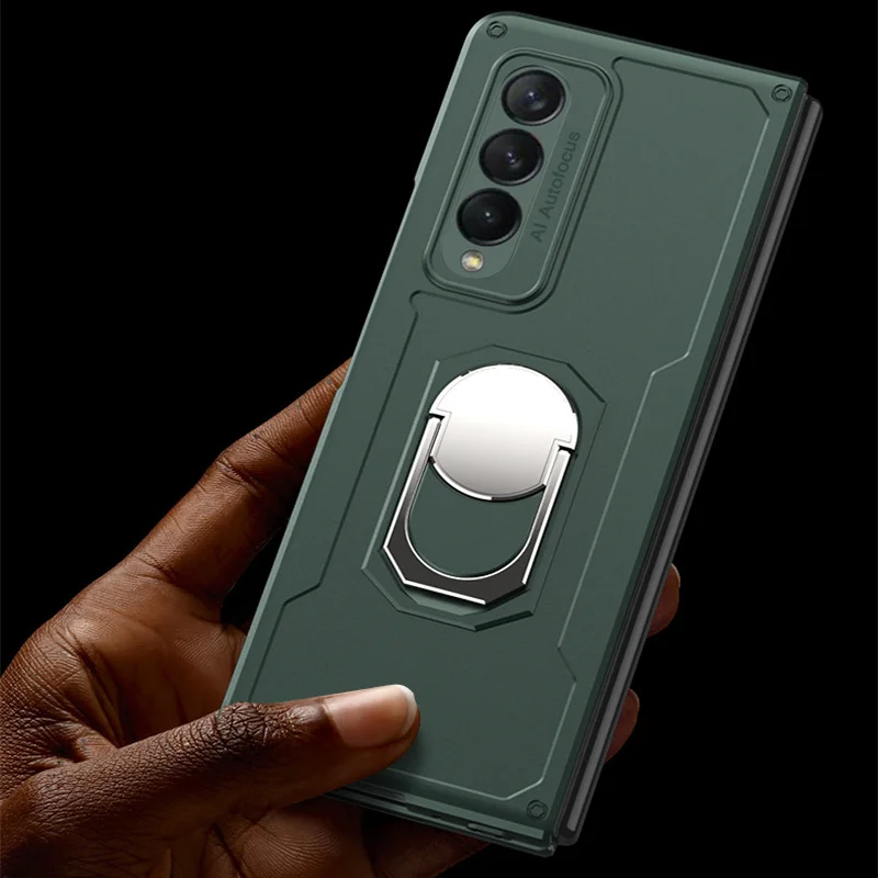Manly Armor Fold Stand Ring Holder Case For Samsung Galaxy Z Fold 3 5G Phone Cover PC Hard Solid Color Shockproof Fitted Fundas