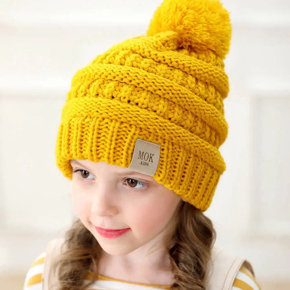 Warm cap for girl Winter warm soft beanie hat hairball Pompom hats kids knotted baby winter knitted boy H200S | Детская одежда и