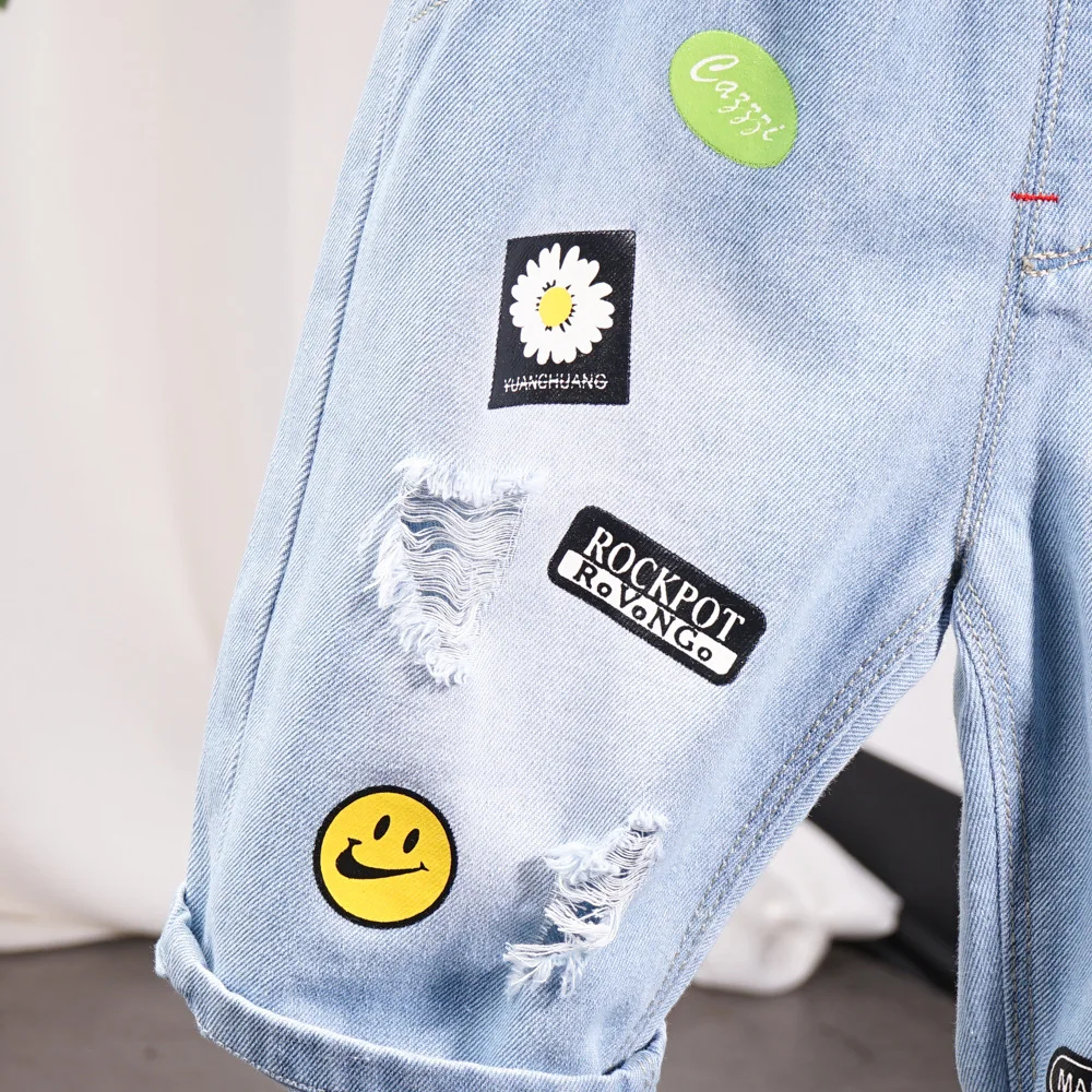 

Children's denim shorts 2020 summer new boy hole letter jeans fashion cartoon Kid shorts suitable for 2-8 years old