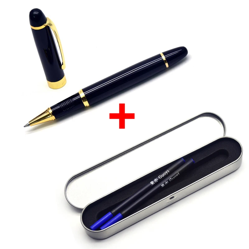 Black gift-2 blueink Guoyi A203 креативная металлическая гелевая ручка для обучения в офисе для школы, канцелярские принадлежности, подарки, роскошная ручка для отеля, шариковая ручка для делового письма - Цвет: Black gift-2 blueink
