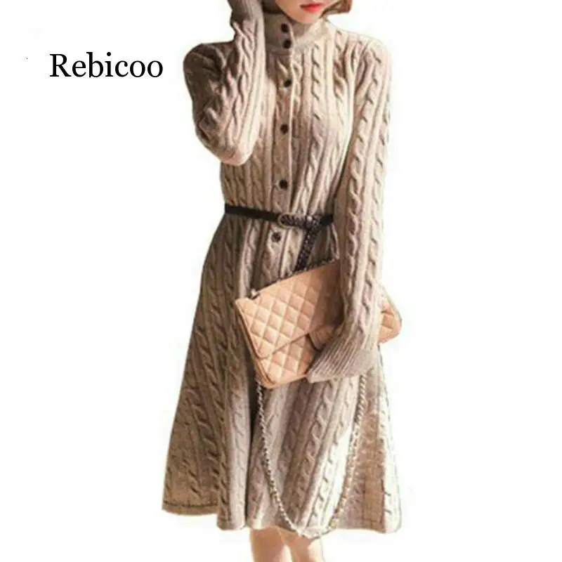 Длинное платье свитер 2019 осенне зимнее модное винтажное однобортное макси