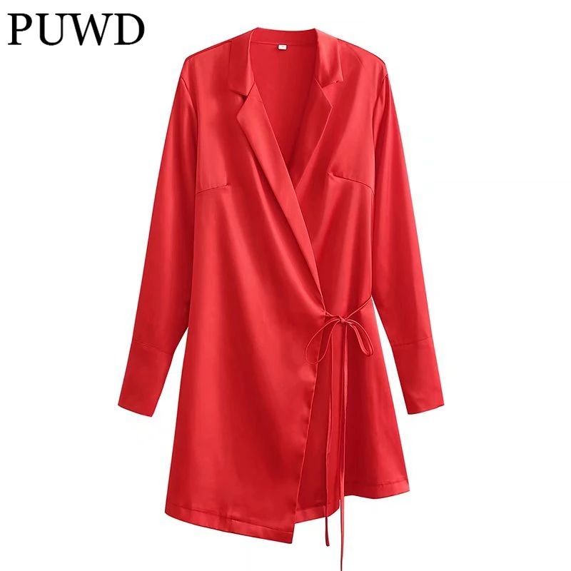 

PUWD Women V Neck Waist-tie Satin Dress 2022 Spring Fashion Ladies High Street Casual Dress Female Solid Color Mini Dress