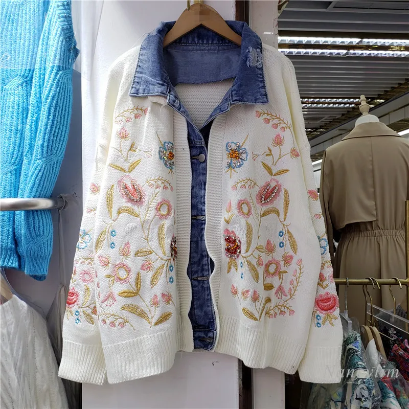 

Vintage Knitted Cardigan Women's Coat New 2021 Autumn and Winter Loose Beaded Outerwear Oversized Sweater